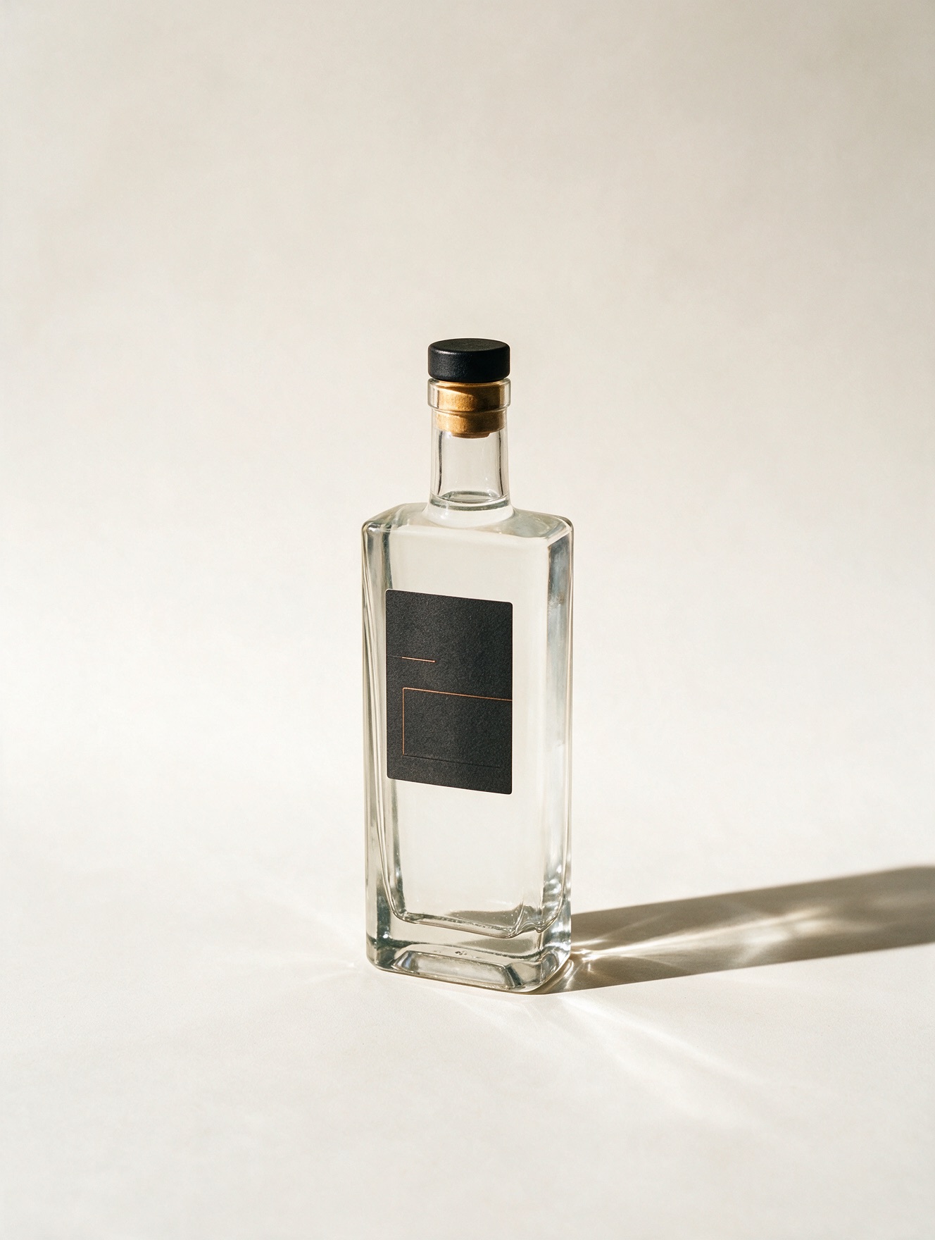 Прозора пляшка White Whiskey з чорною етикеткою на світлому тлі